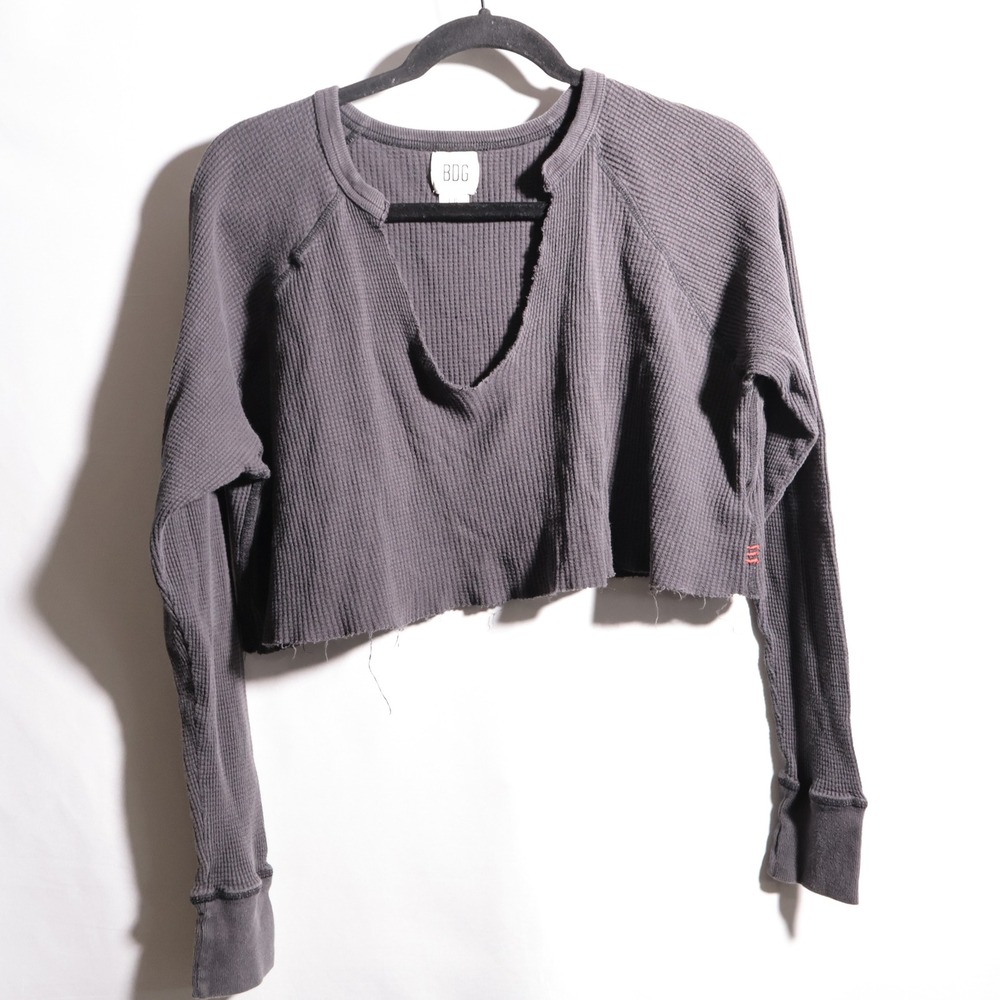 BDG‎ Urban Cropped Thermal Long Sleeve Top Dark Gray Sz L Grunge Y2K Distressed